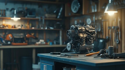 Poster - A detailed image of a car engine in a workshop setting