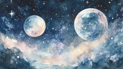 Poster - Watercolor painting of planets and starry sky with clouds