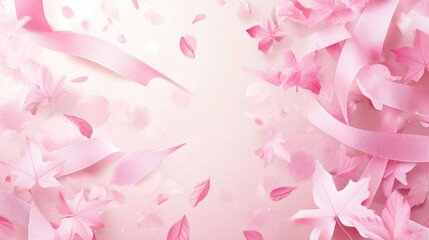Poster - Floating pink ribbons and leaves forming a beautiful composition
