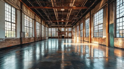 Poster - An Empty Industrial Warehouse Interior Lit by Natural Light