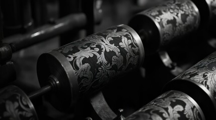 Poster - Detailed view of the engraved cylinders within a machine structure