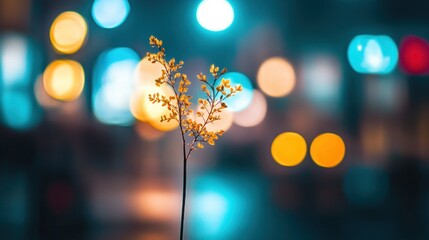 Poster - A Single Plant Stem Stands In Front Of Bokeh Background Lighting