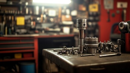 Poster - Detailed view of engineering metal components on a workbench surface