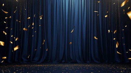 Poster - Golden confetti falling in front of a navy blue stage curtain