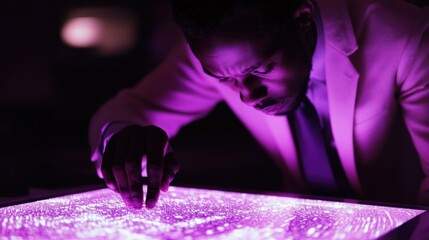 Poster - A man examines a glowing display of data intensely