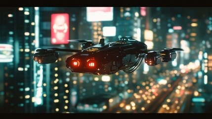 Poster - Futuristic Drone Flying Above City Lights During Night Time