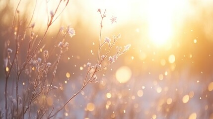 Poster - Frosted plants with sunlight and softly blurred snowflakes falling gently