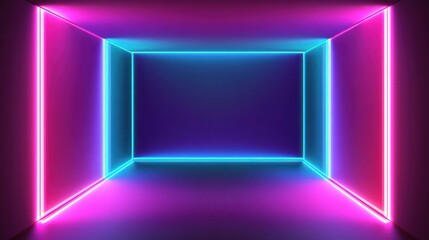 Poster - Neon lights frame a vibrant and colorful dark hallway