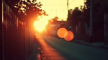 Poster - Golden Sunset Illumination over a Street with a Fence and Foliage