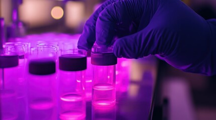 Poster - Researcher wearing gloves handles tubes containing a glowing liquid