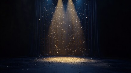 Poster - Dramatic stage curtain illuminated by golden spotlights and glitter