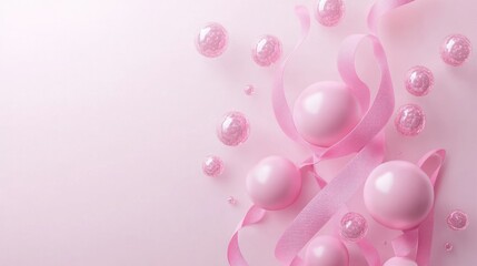 Poster - Pink Ribbon And Spheres Arranged On A Light Pink Surface