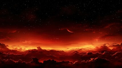 Poster - A surreal celestial landscape of fiery clouds and stars at night