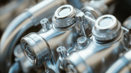 Poster - Shiny metal engine components showing mechanical intricacy and detail