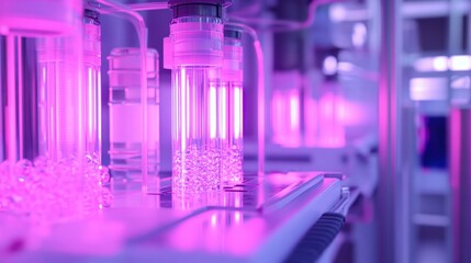 Poster - Laboratory setup features tubes glowing under vibrant purple illumination
