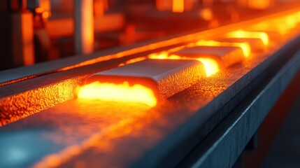 Poster - Glowing hot metal bars being transported on a steel conveyor