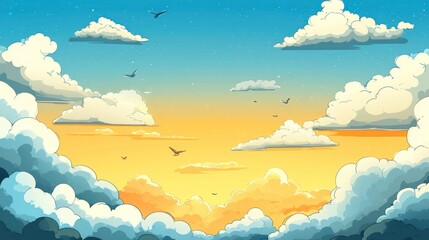 Poster - A colorful sunrise and a sky filled with clouds and birds