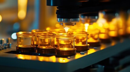 Poster - Automation fills small glass jars with liquids in a laboratory