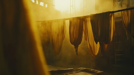 Poster - Some fabrics are hanging on a clothesline in an interior scene