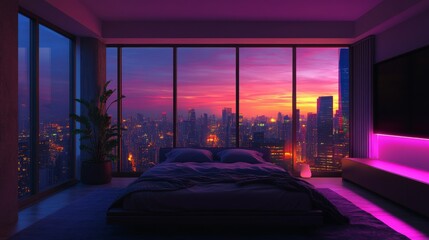 Poster - dark lit bedroom city skyline at dawn. Modern decor, large window frame view. Aesthetic bedroom interior design. Stylish bed, subtle purple lighting create calming ambiance, 32k Resolution 