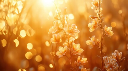 Poster - Golden Light Illuminates Delicate Flowers In A Field