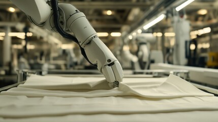 Poster - A robot arm folds fabric in a modern manufacturing plant