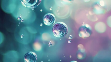 Poster - Floating iridescent soap bubbles with a dreamy atmospheric background