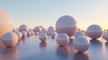 Poster - Multiple White Spheres Appear on a Reflective Surface With Background Light