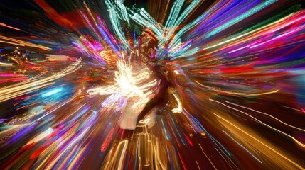 Poster - A person is captured in motion with light streaks and colors