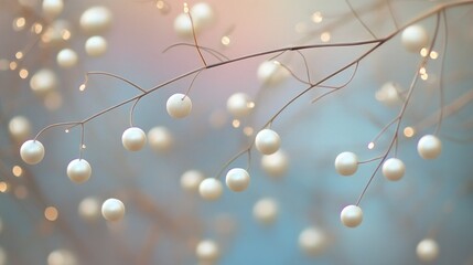 Poster - Pearlescent white spheres hang from slender branches in a blurry background