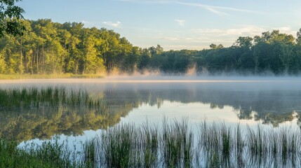 Poster - The Misty Lake Reflected Perfectly Under a Bright Blue Sky