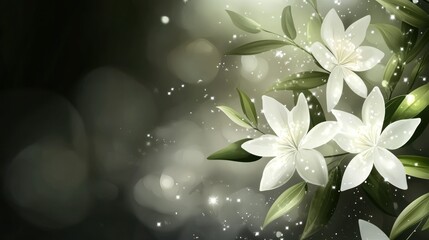 Poster - White Lilies with Green Leaves Displayed on a Dark Background