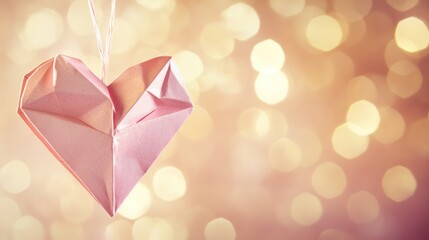 Poster - A Delicate Pink Origami Heart Suspended Against a Bokeh Background