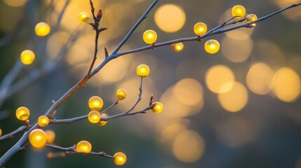 Poster - Twigs with lights glowing with a warm amber and yellow color