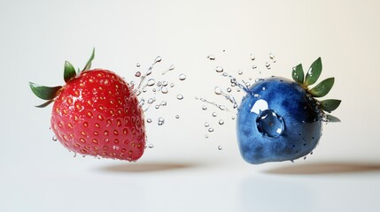 Poster - A Strawberry and Blueberry With Water Splashing Around Them