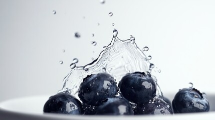 Poster - Fresh blueberries being splashed by water in a white bowl