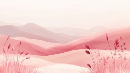 Poster - Pink painted abstract landscape with subtle layered mountains and flora
