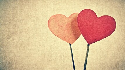 Poster - Two paper hearts on sticks representing affection and love