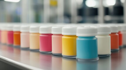 Aufkleber - A row of small paint bottles with varying colors arranged neatly