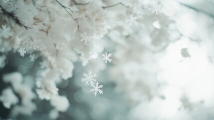 Poster - Falling snowflakes on white branches create a winter wonderland scene