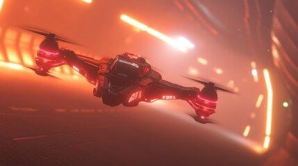 Aufkleber - A red futuristic drone is hovering in a bright orange environment