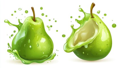 Poster - Two Green Pears With Splashes Of Delicious Green Juice