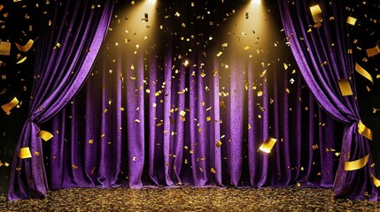 Poster - Purple Curtains With Gold Confetti Under Bright Spotlights At Night
