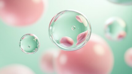 Poster - Floating bubbles with pink and green colors on a white background