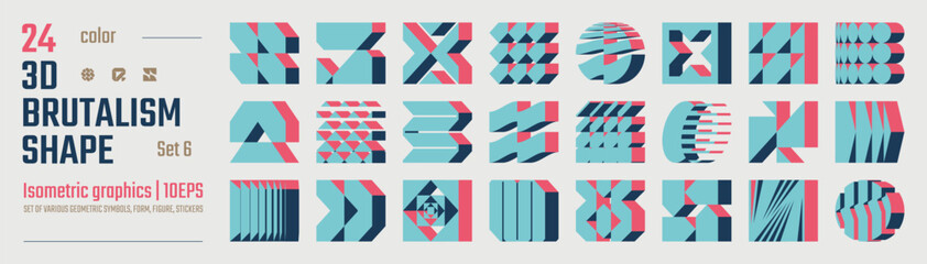 Poster - 3d Color postmodern abstract geometric graphic elements, Brutalist vector shapes, Refraction and distortion glass effect various form, isometric trendy design symbols in Y2K aesthetics set 6