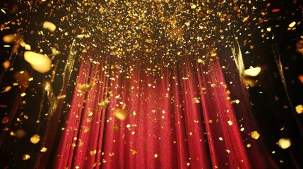Poster - Golden confetti is falling over a red stage curtain