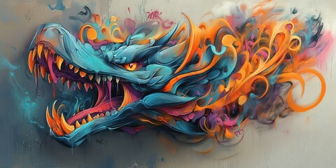 Wall Mural - a vibrant painting depicts a dragon with ferocious teeth and open mouth