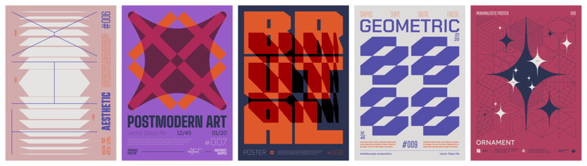 Poster - Set modernism art colorful trendy posters, artwork in minimalism and brutalism style, abstract geometric A4 rave postmodern composition, vector simple shapes print graphic in Y2K aesthetics, set 16