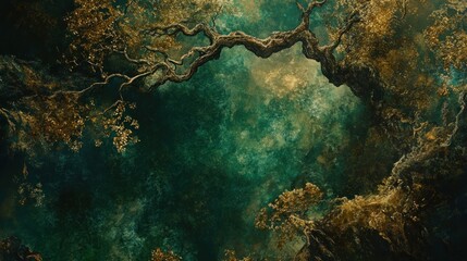 Poster - The green and gold forest canopy seen from a downward perspective