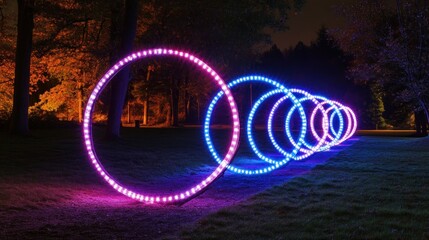 Poster - Illuminated rings create an artistic display in a dark park setting